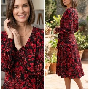 Tommy Hilfiger Red and Black Floral Midi Wrap Dress